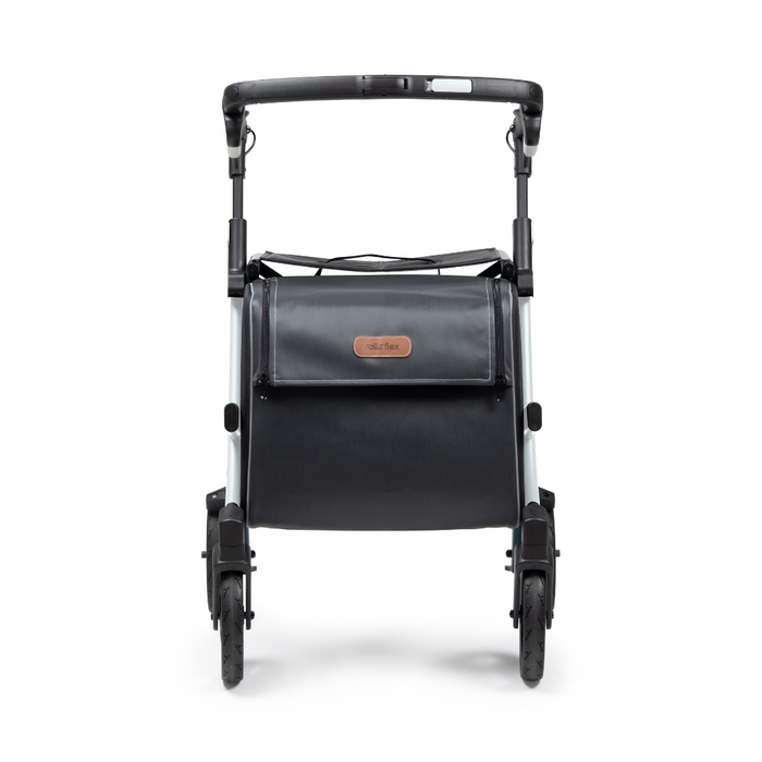 The Rollz FLEX 2 Lightweight Rollator Walker is front-viewed, highlighting its compact design with four wheels and a handlebar. It offers a sleek look with a spacious XL storage bag discreetly tucked beneath the seat.