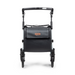 The Rollz FLEX 2 Lightweight Rollator Walker is front-viewed, highlighting its compact design with four wheels and a handlebar. It offers a sleek look with a spacious XL storage bag discreetly tucked beneath the seat.