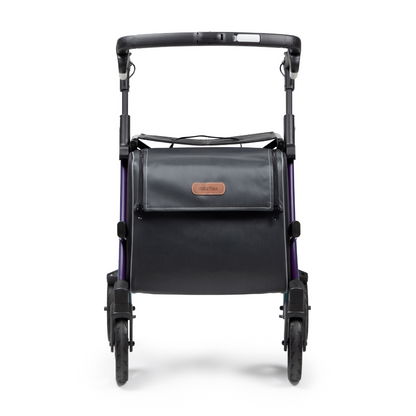 The Rollz FLEX 2 Lightweight Rollator Walker features a compact design with foldable handles, an XL storage bag on the front, and larger front wheels for enhanced mobility assistance.