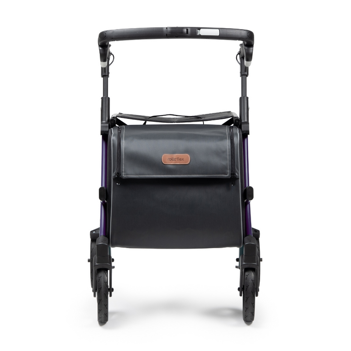 The Rollz FLEX 2 Lightweight Rollator Walker features a compact design with foldable handles, an XL storage bag on the front, and larger front wheels for enhanced mobility assistance.