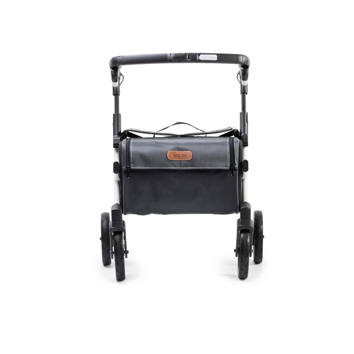 The Rollz FLEX 2 Lightweight Rollator Walker is shown upright on a white background. It features a spacious XL storage bag, top handle, and leather patch label. Its collapsible minimalist frame and four wheels ensure sleek design and easy maneuverability.