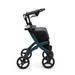 The Rollz FLEX 2 Teal and Black Lightweight Rollator Walker features four wheels, a padded seat, adjustable handles, and an XL storage bag, all in a sleek compact design and shown side profile on a plain white background.