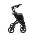 The Rollz FLEX 2 Lightweight Rollator Walker boasts a modern black design with four large wheels and a sturdy frame. It features an XL storage bag, a seat, and is displayed in profile against a white background.