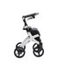 The Rollz FLEX 2 Lightweight Rollator Walker offers a modern white and black design with four wheels, ergonomic handlebars, and a seat with a backrest. Its compact frame includes an XL storage bag, showcasing sleek minimalism in its side-view profile.