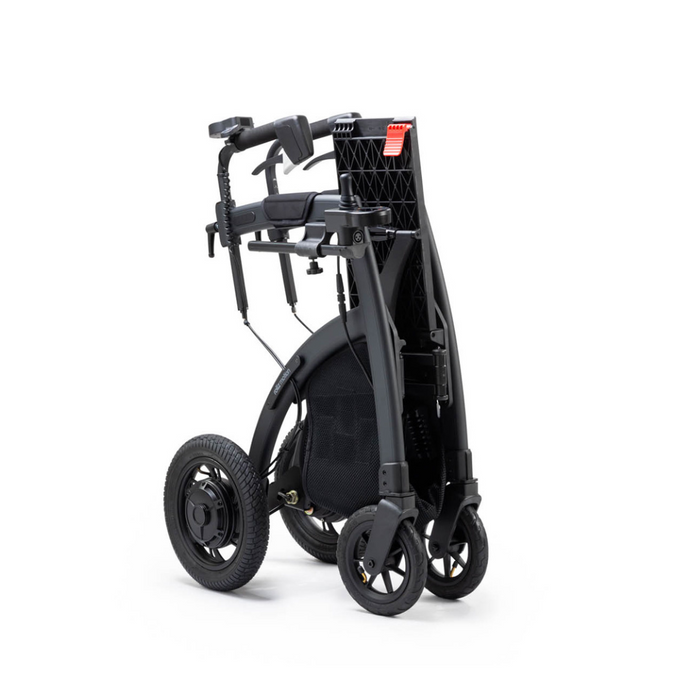 Discover the convenience of the Rollz Motion Electric 3-in-1 Rollator, Transport Chair & Powerchair. This modern black, compact mobility aid features large rear wheels, small front casters, and an ergonomic lightweight design with sleek handles for versatility and comfort.