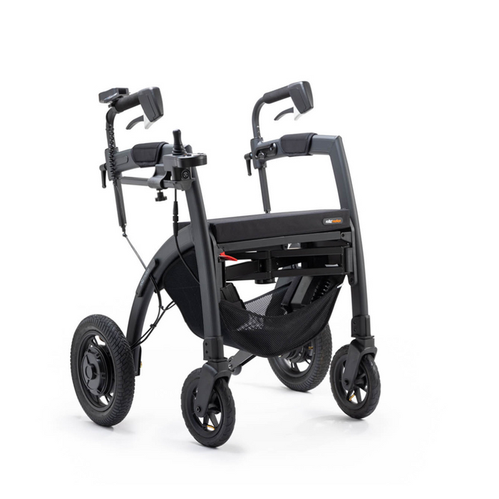 The Rollz Motion Electric 3-in-1 Rollator, Transport Chair & Powerchair in black offers large front wheels and durable construction for improved mobility. It features sleek handlebars with brakes, a mesh storage under the seat, and versatile functionality as a rollator, transport chair, or powerchair.