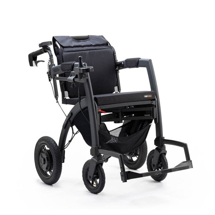 The sleek and modern black Rollz Motion Electric 3-in-1 rollator, transport chair, and powerchair offers padded seating, support, and style. With three wheels, control handlebars, and a storage bag underneath, it ensures both functionality and aesthetics as a standout mobility aid.