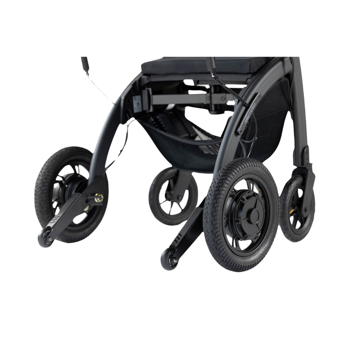 Close-up of a black three-wheeled Rollz Motion Electric 3-in-1 Rollator, Transport Chair & Powerchair frame with sleek wheels and mesh basket, set against a white background, highlighting its modern design.