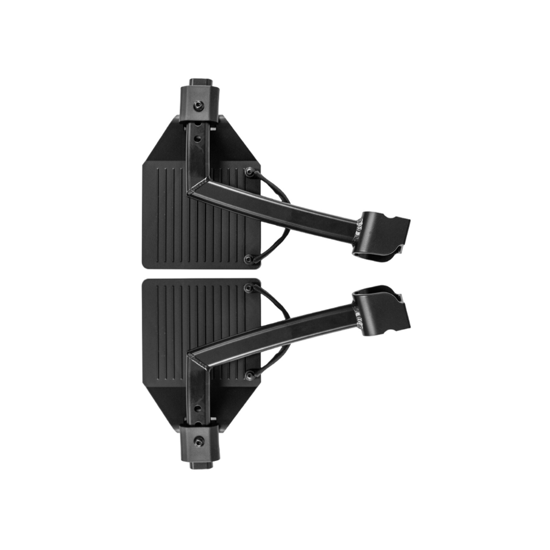 Black footrests with textured surfaces and sturdy metal hinges, designed for easy attachment to the Rollz Motion Electric 3-in-1 Rollator, Transport Chair & Powerchair. Aligned parallel, they enhance the functionality of your mobility solution.