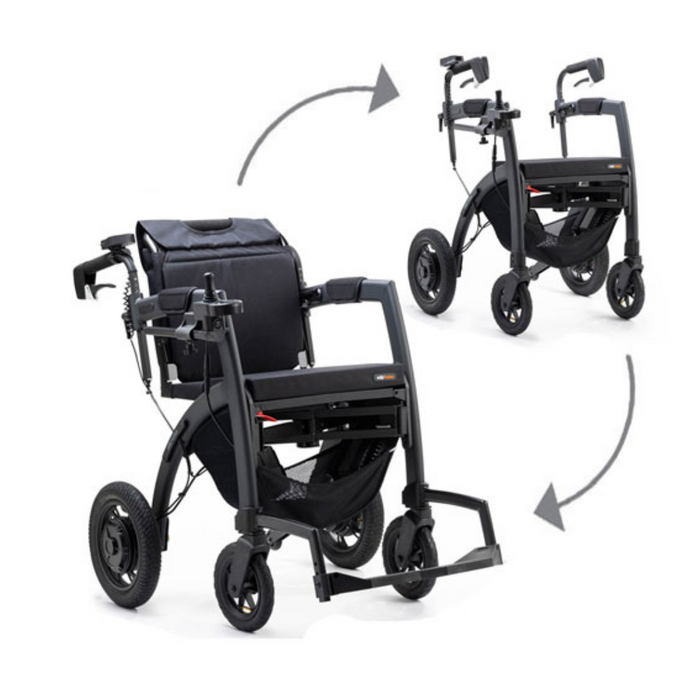 The Rollz Motion Electric 3-in-1 Rollator, Transport Chair & Powerchair unfolds on the right, highlighting its hand brakes and footrest for reliable mobility, and shows a partly folded state on the left for compact storage, with arrows illustrating the transformation process.