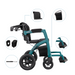 The Rollz Motion Performance All-Terrain 2-In-1 Rollator Transport Chair combines teal and black design with detachable armrests, footrests, a foldable seat, air-filled tires for smooth mobility, and circular insets for shock absorption on various terrains.