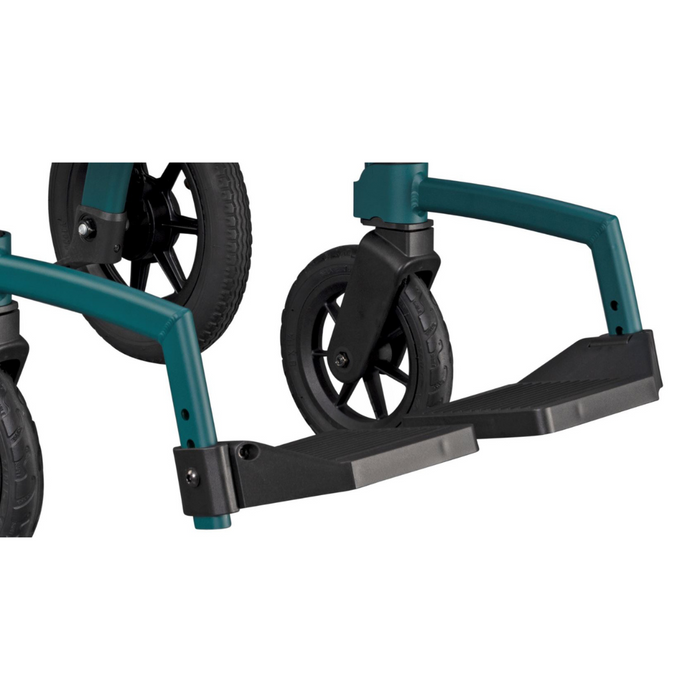 A close-up shows the teal Rollz Motion Performance All-Terrain 2-In-1 Rollator Transport Chairs front wheels and curved footrests against a white background. Black air-filled tires with a textured surface ensure superior shock absorption.