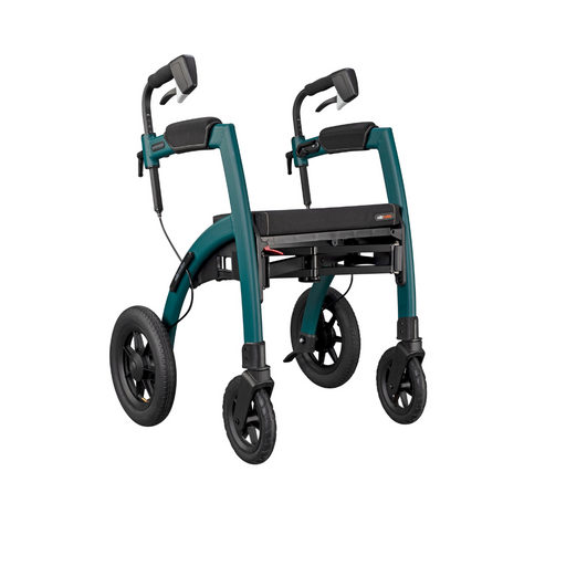 The Rollz Motion Performance All-Terrain 2-In-1 Rollator Transport Chair in teal features a sleek, modern design with four wheels, adjustable handles, and rear air-filled tires. It offers hand brakes and integrated shock absorption for enhanced stability and comfort on any surface.