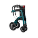 The folded Rollz Motion Performance All-Terrain 2-In-1 Rollator Transport Chair is shown in side profile, featuring a teal frame with four wheels, handlebars, and black support structure with red accents. Rear air-filled tires offer enhanced shock absorption for mobility assistance and portability.