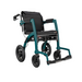 The Rollz Motion Performance All-Terrain 2-In-1 Rollator Transport Chair is a lightweight, foldable wheelchair with a teal frame and black seat, dual handlebars, cushioned armrests, and footrests. It offers easy maneuverability with large rear air-filled tires for shock absorption and smaller front wheels.