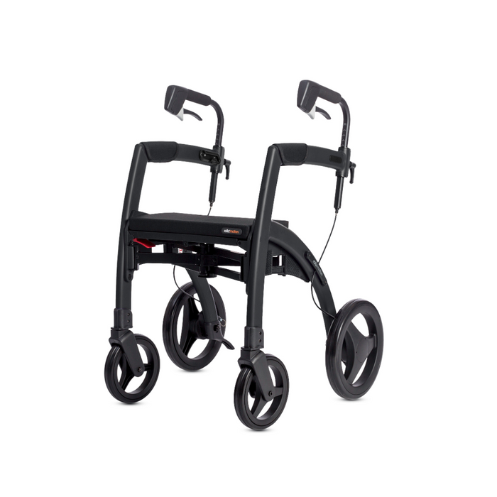 The Rollz Motion Rhythm 2-in-1 Parkinson Rollator Transport Chair with 1 Laser Cue is a black rollator walker featuring ergonomic handlebars, a built-in seat, large wheels, and a sturdy frame for indoor/outdoor use, designed to aid mobility for those with neurological conditions.