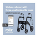 A black Rollz Motion Rhythm 2-in-1 Parkinsons rollator/transport chair with large wheels and a laser cue for neurological or gait issues is shown. The screen displays related app features, and the Rollz logo is visible at the bottom.