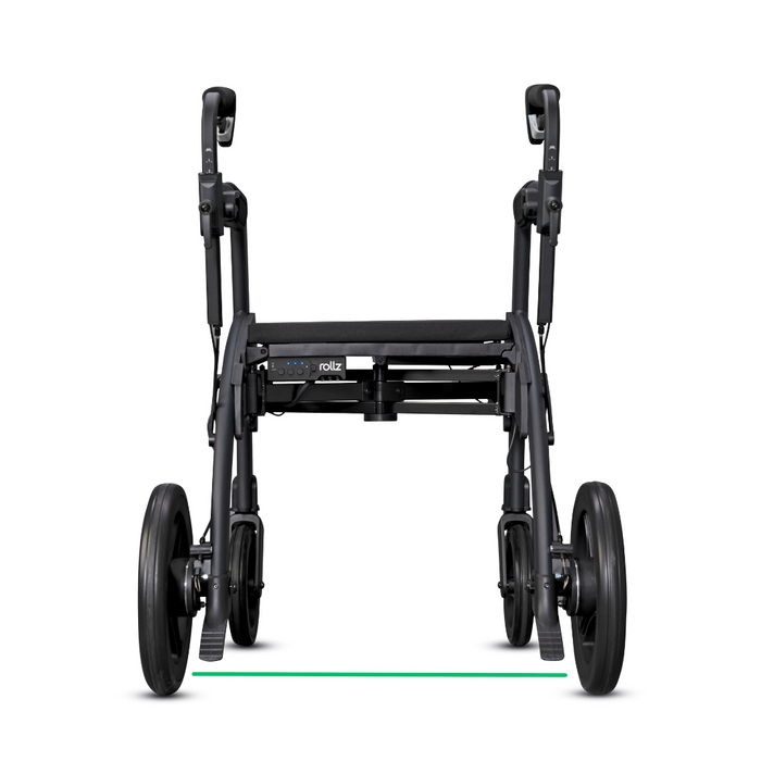 The Rollz Motion Rhythm 2-in-1 Parkinson Rollator Walker in black, shown front view, features four wheels, adjustable handlebars, a compact frame, and ergonomic grips. Its ideal for mobility assistance and designed for those managing Parkinsons or similar neurological conditions.