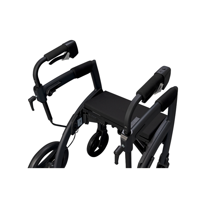 The Rollz Motion Rhythm 2-in-1 Parkinson Rollator Transport Chair offers a modern black and dark gray design with a sturdy seat, handlebars with brakes, and four wheels for seamless mobility assistance.