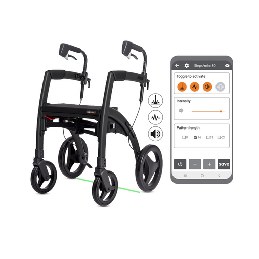 The Rollz Motion Rhythm 2-in-1 Parkinson Rollator Transport Chair with 1 Laser Cue is displayed in black, featuring four wheels and two handles. A smartphone app interface shown nearby offers options to adjust vibration intensity and pattern length for individuals with neurological conditions.