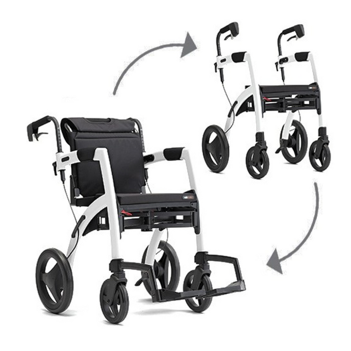 The Rollz Motion 2-in-1 Rollator Walker and Wheelchair is showcased. The left image shows it as a wheelchair with large rear wheels and footrests, while the right depicts its transformation into a rollator walker with folded rear wheels and removed footrests, highlighted by transition arrows.