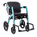 The Rollz Motion 2-in-1 Rollator Walker and Wheelchair is lightweight and teal, featuring black cushioned seating, large rear wheels, small front wheels, push handles, and a foldable design. It offers footrests without footplates for convenience.