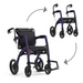 A purple Rollz Motion 2-in-1 Rollator Walker and Wheelchair with large wheels is shown in two configurations: as a combo wheelchair and as a rollator, with arrows highlighting its convertible design.