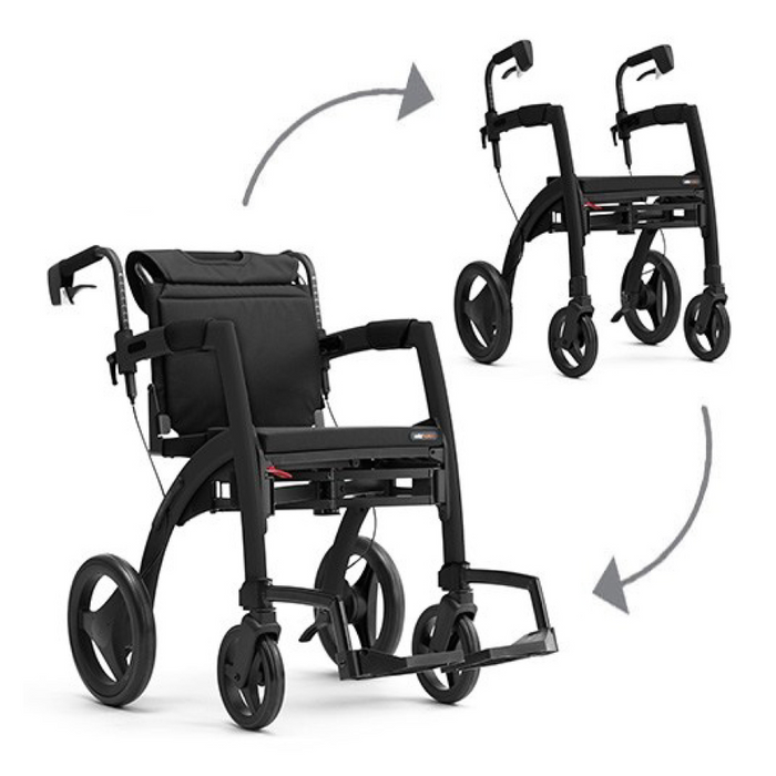 The stylish Rollz Motion 2-in-1 Rollator Walker and Wheelchair is shown fully open and partially folded, with arrows indicating the easy folding process. Featuring four wheels, it offers superior comfort with a cushioned seat and backrest.