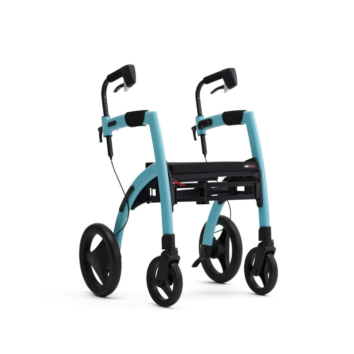 The Rollz Motion 2-in-1 Rollator Walker and Wheelchair is a modern, light blue mobility aid with black wheels and ergonomic handles. It offers a sleek design that easily converts from a rollator into a wheelchair for versatile support and mobility.