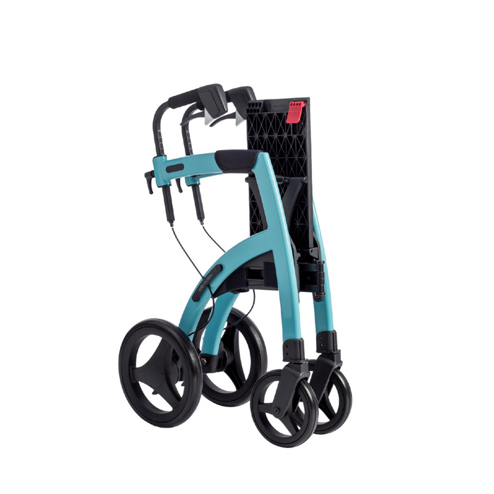 The Rollz Motion 2-in-1 Rollator Walker and Wheelchair is a lightweight, foldable device with a stylish teal frame and black seat, ergonomic handles, larger front wheels for easy maneuvering, a textured backrest, and a red clasp to secure it when folded for convenience and comfort.