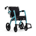 Introducing the Rollz Motion 2-in-1 Rollator Walker and Wheelchair, a lightweight, teal model featuring a sleek black cushioned seat and backrest. Its four wheels, footrests, and modern design guarantee compact accessibility and mobility for all users.