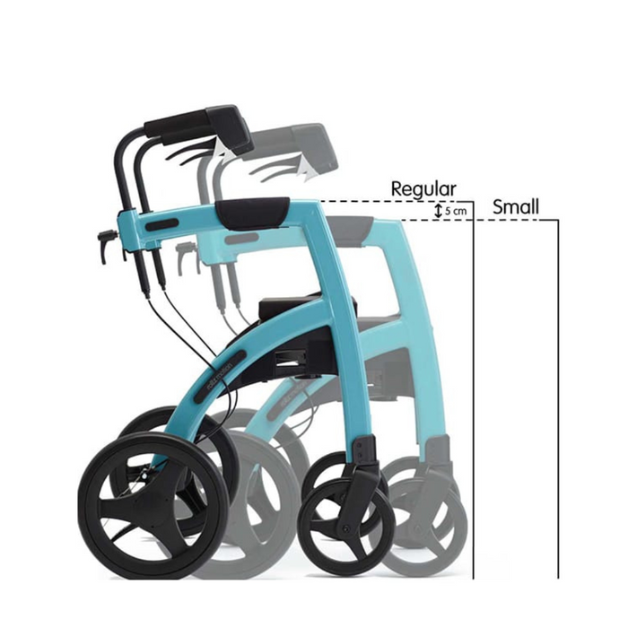 The Rollz Motion 2-in-1 Rollator Walker and Wheelchair features an adjustable height with Regular and Small positions indicating a 5 cm difference, complemented by large front wheels and smaller back wheels for versatile mobility.