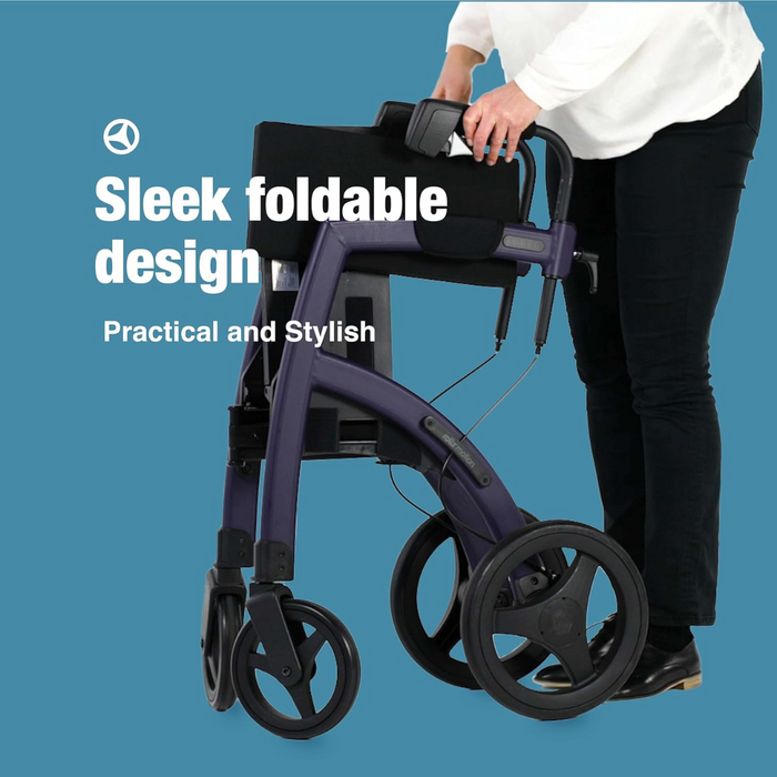 A person in a white top and black pants holds a sleek Rollz Motion 2-in-1 Rollator Walker and Wheelchair, featuring a black seat and large wheels against a blue backdrop. The image text reads Sleek foldable design and Practical and stylish.