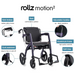 The Rollz Motion 2-in-1, a versatile rollator and wheelchair combo, features safe brakes, adjustable handles, a cushion seat, an aluminum frame, soft tires, and a curb assistant. Each is clearly illustrated with images for clarity.