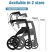 Image depicting two black Rollz Motion 2-in-1 rollator walkers, Regular and Small, both with adjustable handles. Text states Available in 2 sizes with Regular being 1.96 inches larger, showcasing the versatile Rollz Motion design.