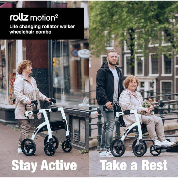 An elderly woman uses a Rollz Motion 2-in-1 Rollator Walker and Wheelchair on a city sidewalk. In the next image, she sits on it while a man stands beside her. The text reads Stay Active and Take a Rest.