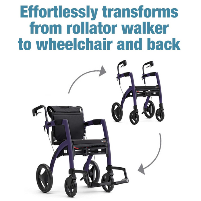 Image featuring the Rollz Motion 2-in-1, a versatile device transitioning smoothly between rollator walker and wheelchair. Arrows demonstrate the easy process. Text at top: Effortlessly transforms from rollator walker to wheelchair and back.