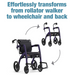 Image featuring the Rollz Motion 2-in-1, a versatile device transitioning smoothly between rollator walker and wheelchair. Arrows demonstrate the easy process. Text at top: Effortlessly transforms from rollator walker to wheelchair and back.