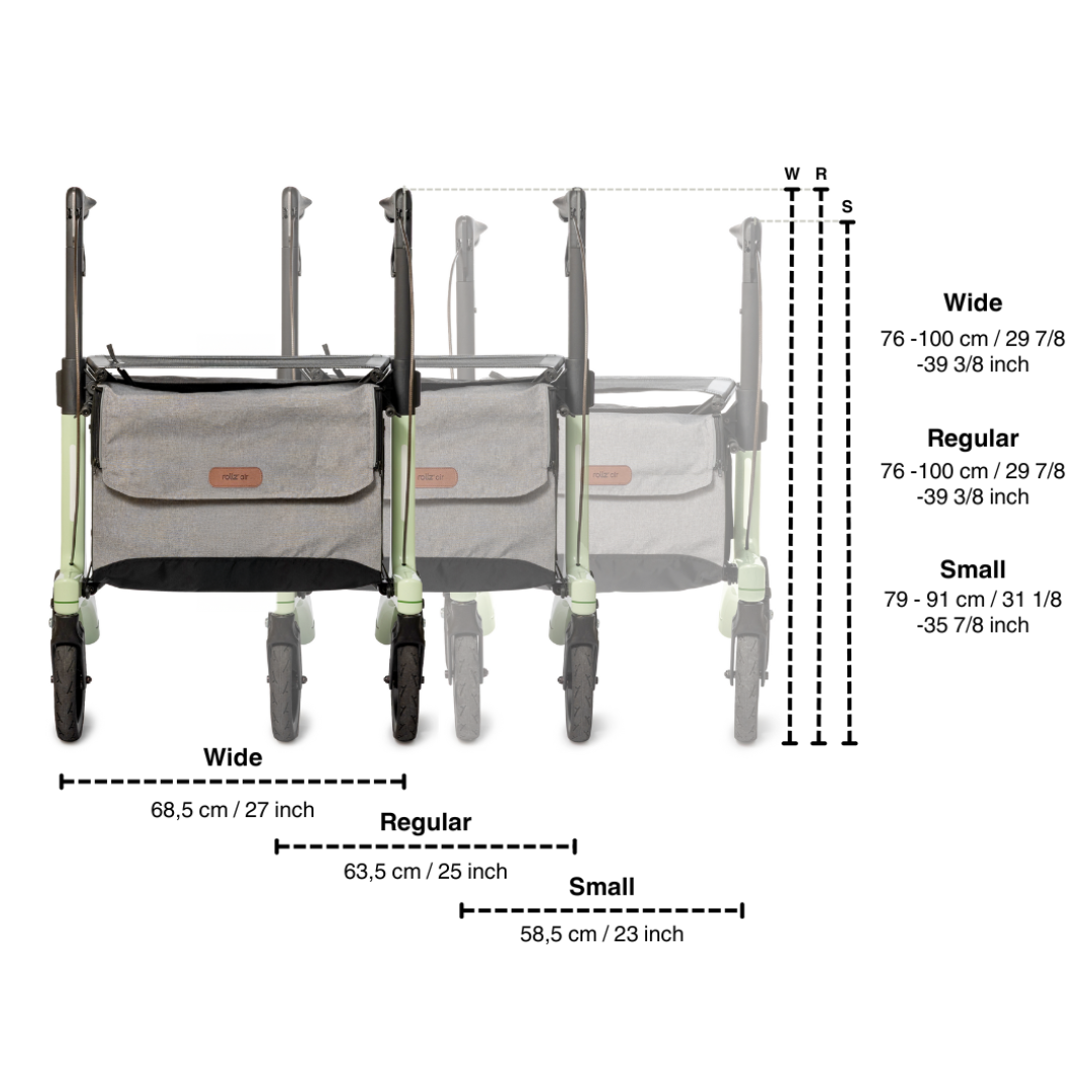 Three strollers of varying widths—wide (68.5 cm/27 in), regular (63.5 cm/25 in), small (58.5 cm/23 in)—are shown side by side, making it easy to choose a fit as precise as the 10.4 lb Rollz Air Lightweight Folding Carbon Rollator.