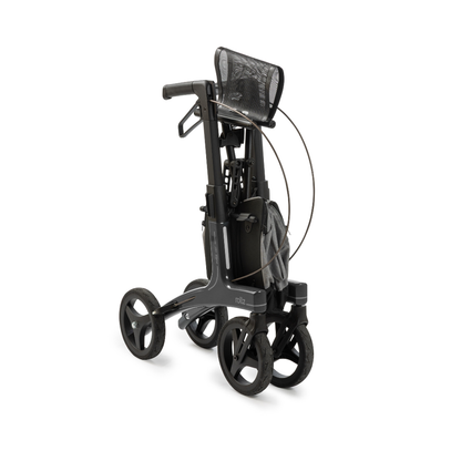 The Rollz Air Lightweight Folding Carbon Rollator, weighing just 10.4 lbs, is shown in black and gray with a mesh seat and storage pouch, folded for easy transport or storage against a plain white background.