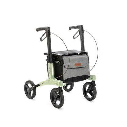 The Rollz Air Lightweight Folding Carbon Rollator (10.4 lbs) features a light green frame, large black wheels, ergonomic handles, and a gray fabric front storage bag.