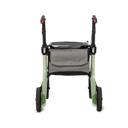 The Rollz Air Lightweight Folding Carbon Rollator (10.4 lbs), shown from the back on a white background, features four wheels, black handles, and a gray storage pouch between the rear legs.