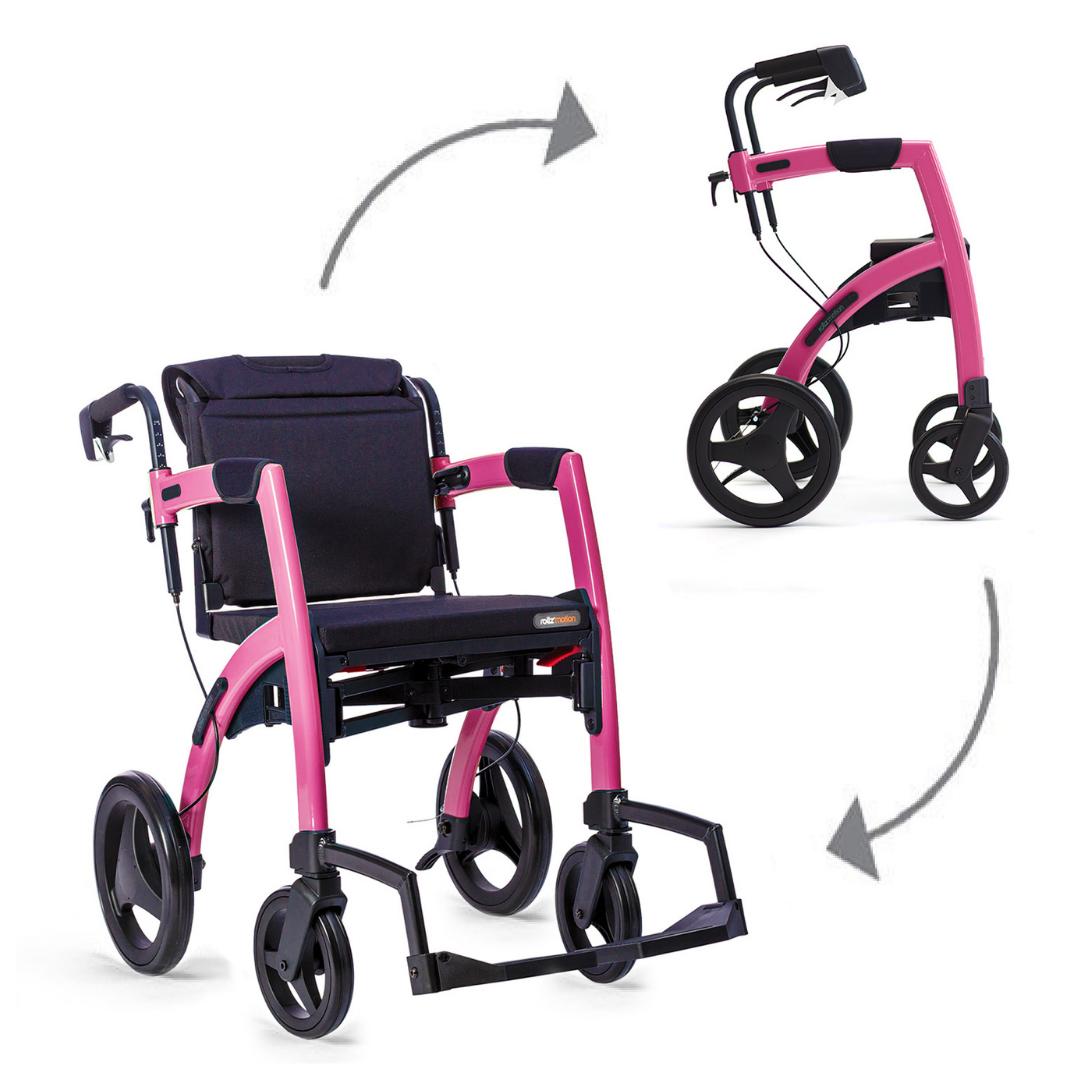The pink Rollz Motion 2-in-1 Rollator Walker and Wheelchair is shown open for use on the left and folded for storage or transport on the right, with arrows depicting how it folds.