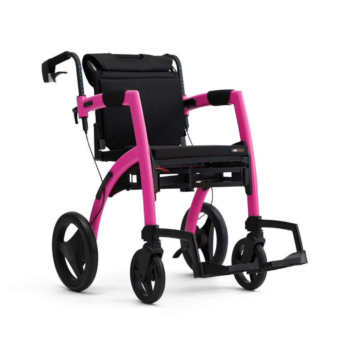 The Rollz Motion 2-in-1 Rollator Walker and Wheelchair is a modern, lightweight combo mobility aid designed for easy transport, featuring large rear wheels and smaller front wheels for smooth movement.