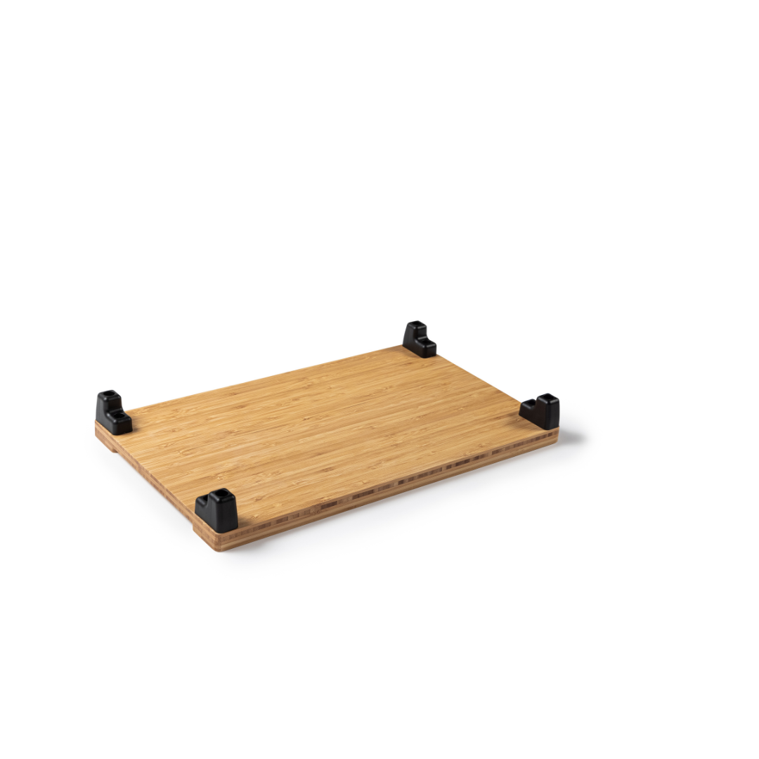 A rectangular wooden board with four black corner brackets is reminiscent of the robust design featured in the Rollz Motion Rollator Accessories package, set against a plain white background.
