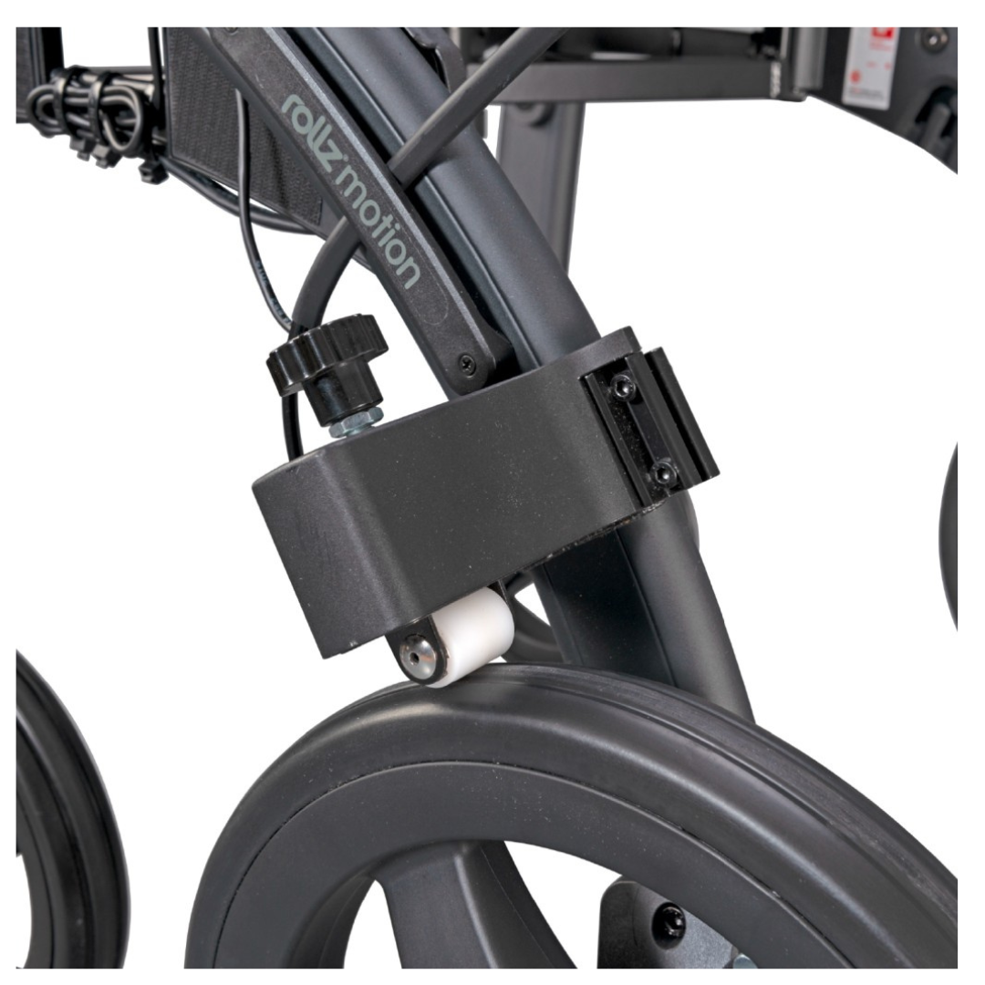 Close-up of a black Rollz Motion Rollator with clear branding. It features a wheel, knob, and roller mechanism. The sleek frame boasts a modern and functional design, making it an ideal addition to any wheelchair package for enhanced mobility.