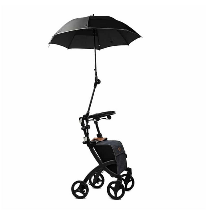 The Rollz Motion Rollator Accessories include a sleek pushchair with a black frame, four wheels for stability, and a compact seat. It features a built-in umbrella for shade and protection, plus a travel cover for added convenience on the go.
