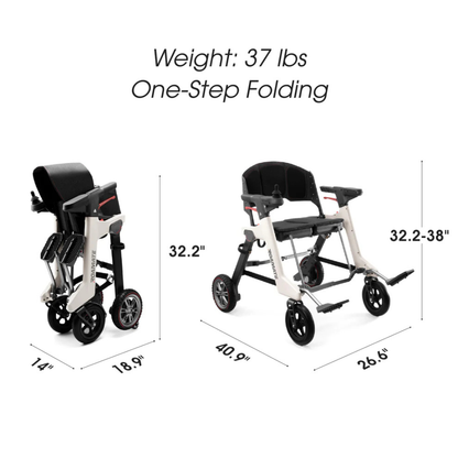 Two images show the Roamate 3-in-1 Electric Rollator Wheelchair folded (14 x 18.9 x 32.2) and open (40.9 x 26.6 x 32.2–38). Text: Weight: 37 lbs, One-Step Folding—ideal as a lightweight rollator for easy transport and use.