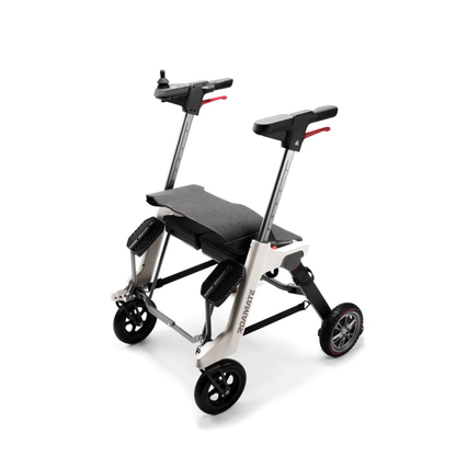 The Roamate 3-in-1 Electric Rollator Wheelchair is a compact, foldable powered device with a seat, armrests, joystick controls, and four wheels in a lightweight black and silver frame for accessible and portable mobility.