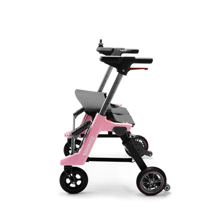The Roamate 3-in-1 Electric Rollator Wheelchair is a compact, foldable mobility device with a pink frame, black seat, and black wheels, shown from the side against a white background.